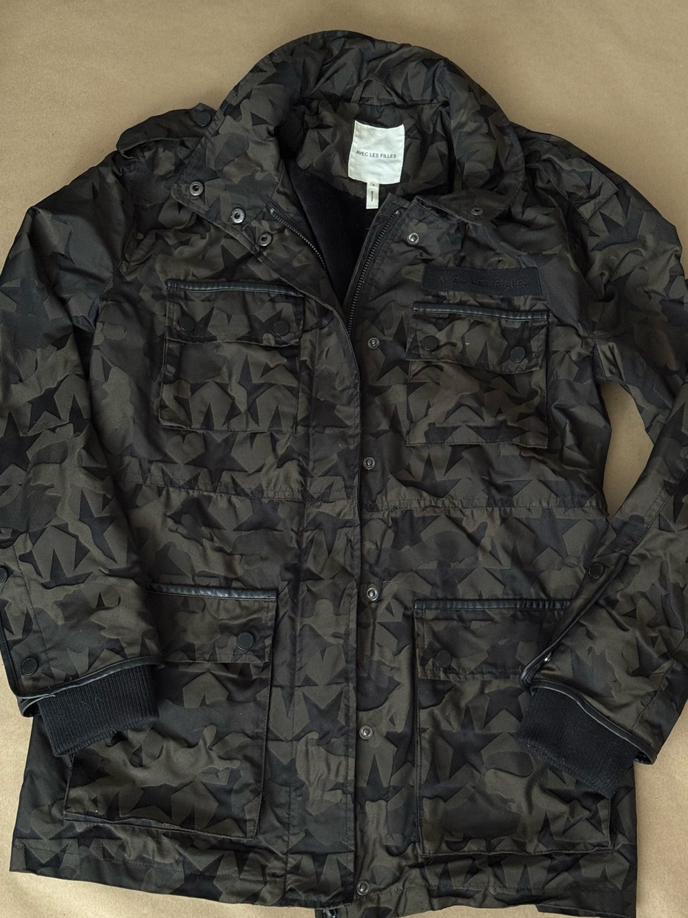 Avec Les Filles Olive Green and Black Star-Print Utility Jacket